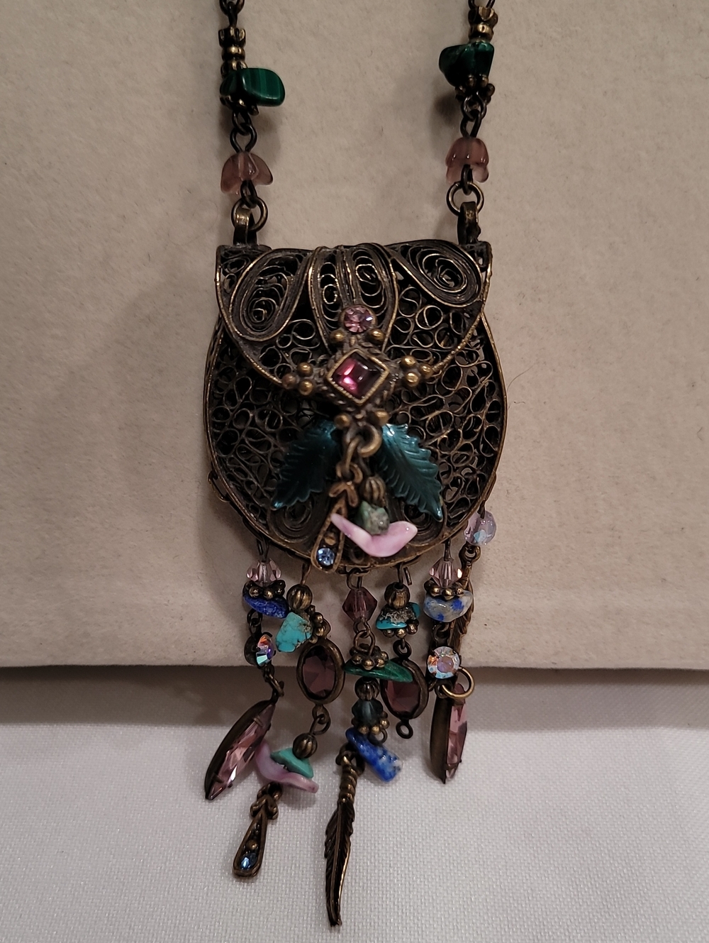 Vintage Bronze Filigree Purse Long Necklace with Stone Accents By Sweet Romance